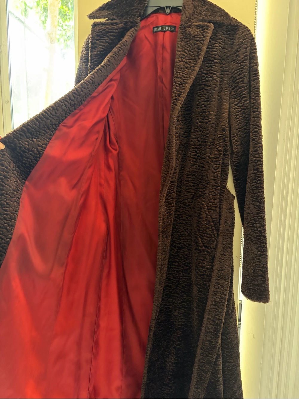 Lafayette 148 New York dark brown curly shearling belted coat.